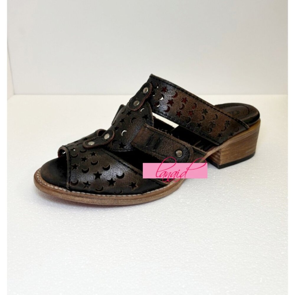 Freebird Steven Moonstar Leather Star Cut-Outs Distressed Low Heeled Slides Edgy - Picture 4 of 12